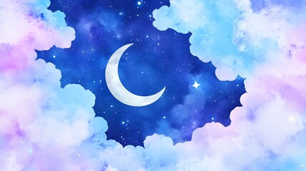 Wall Mural - A Dreamy Twilight Sky with Stars and a Crescent Moon Above Soft Clouds