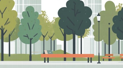 A park scene with a bench and a laptop on it. Illustration