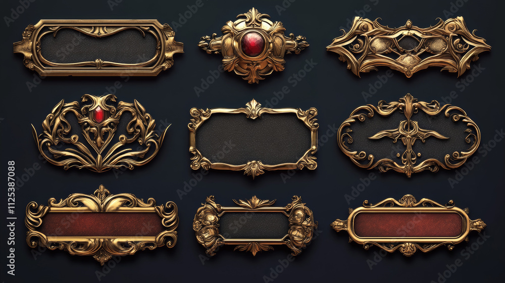 Medieval buttons, ui game menu elements, oblong banners and gold silver ...
