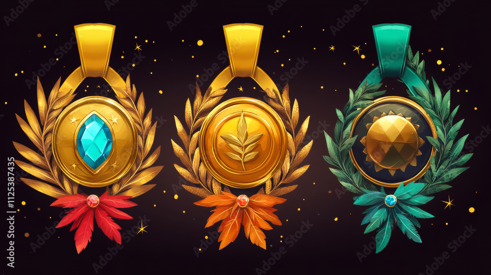 Gold award badges for win in game. Vector cartoon icons of golden ...