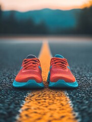 Poster - Bright orange running shoes sit on a track, perfectly positioned for early morning jogging, with a beautiful blurred landscape in the background. Generative AI