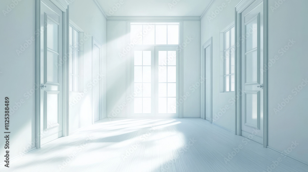 Hallway interior with window and door with glass panels. Empty modern ...