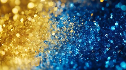 Blue and yellow golden bokeh particles abstract background, new year or christmas wallpaper for design. holiday celebration concept. christmas wallpaper. Ultra realistic. Photorealistic
