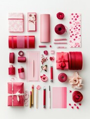 Poster - A collection of pink gift wrapping supplies—paper, ribbons, and cards—on a neutral background with space for text. Generative AI