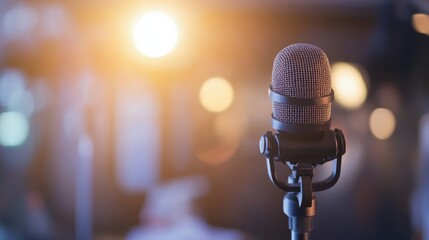 Leinwandbilder - An interview is being recorded in a professional television studio setting, showcasing advanced media technology and a blurred backdrop for focus. Generative AI