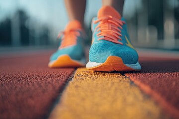 Poster - Brightly colored running shoes are positioned on a track, inviting athletes to start their workout amidst clear skies. Generative AI