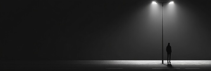 Aufkleber - A lone person stands on a deserted street under dim streetlights, shadows stretching into the dark above, providing a blank canvas for words. Generative AI