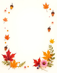 Wall Mural - Colorful autumn scene with leaves, acorns, and flowers on a white background, ideal for web or print advertising._00001_