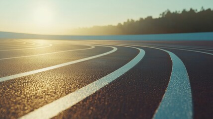 Aufkleber - A smooth curved running track winds into the distance, illuminated by the warm glow of the setting sun, surrounded by trees. Generative AI