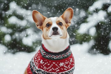 Poster - A dog wearing a colorful winter sweater enjoys the snowy weather, surrounded by a serene landscape of white snow and evergreen trees. Generative AI