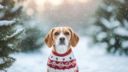 Poster - A cheerful dog is sitting in front of a snowy backdrop, wearing a cozy winter sweater and surrounded by peaceful falling snow. Generative AI