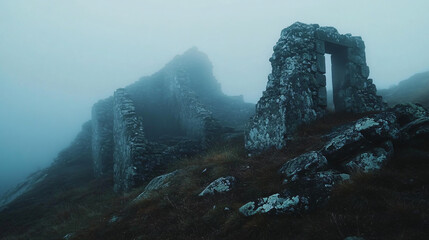 Wall Mural - Mysterious stone ruins peeking through the fog on the mountain slope.