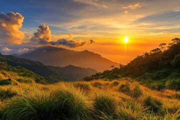 Wall Mural - golden horizon: a tropical evening sky bathed in yellow and orange hues