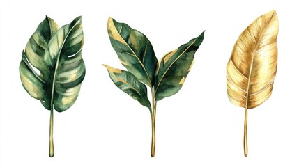 collection of watercolor green and gold foliage elements for nature-themed invitations and decor