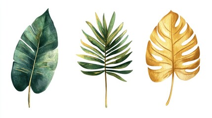 Vibrant Gold Foliage Collection: Watercolor Illustrations of Green and Golden Plants for Nature-Inspired Invitations