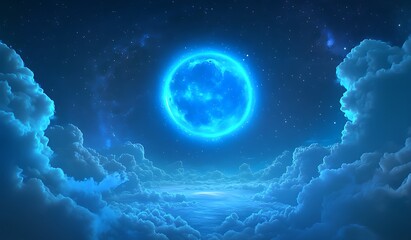 A bright blue moon in the sky, surrounded by clouds. Fantasy landscape, dreamy night scene.