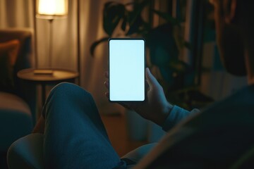 Person Holding Frameless Smartphone with Blank Screen While Relaxing at Home in Modern Interior