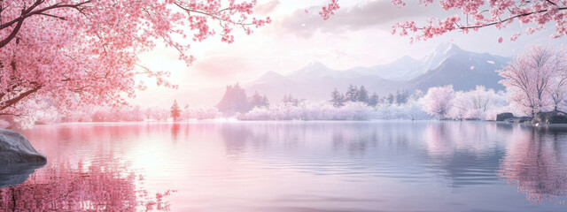 Wall Mural - Tranquil lake surrounded by blossoming cherry trees and majestic mountains at sunrise, creating a serene and picturesque landscape.