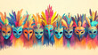 © Thiago - A vibrant row of colorful carnival masks with feathered headdresses, showcasing a rich blend of hues and creative designs. Carnival. Illustration