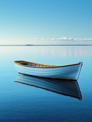 Fototapete - A solitary boat floats on tranquil waters, perfectly mirroring the clear blue sky and inviting calmness, with room for text. Generative AI