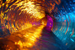 © AI_images - A glowing neon tunnel with radiant hues of gold and deep blue, casting dynamic reflections along its metallic surface.