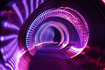 A mesmerizing neon-lit tunnel with purple and pink hues, the lights bending and flowing along the walls in a futuristic pattern.