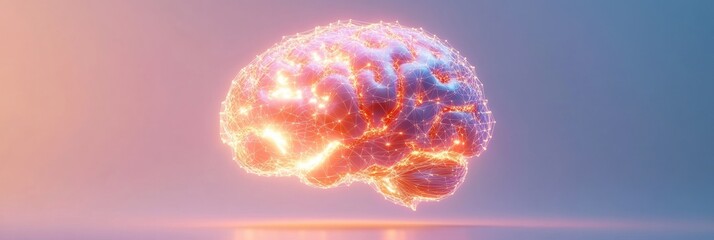 Fototapete - A radiant brain design formed by bright light points and lines, providing a blank area for adding custom text or titles. Generative AI