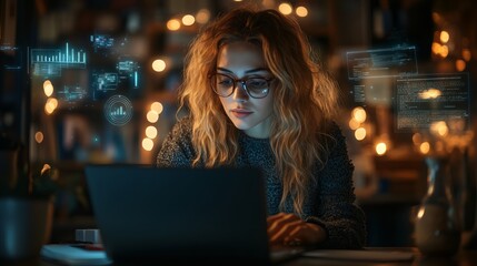 Canvas Print - Woman is using a laptop computer