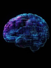 Aufkleber - A digital brain is constructed from luminous blue and purple grids representing technology, with binary code interwoven throughout its form. Generative AI