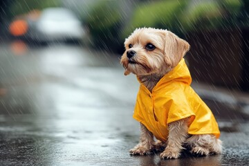 Poster - A small dog sits on a wet surface during light rainfall, looking adorable in a bright yellow raincoat with trees in the background. Generative AI