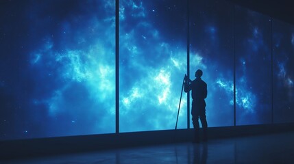 Wall Mural - A silhouette of a janitor cleaning a large window with a cosmic view of stars and nebulae in outer space