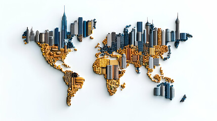 a creative depiction of a world map formed by buildings, blending urban architecture with a geograph