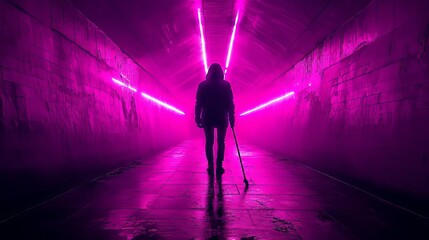 Wall Mural - A silhouette of a janitor walking in a neon-lit urban tunnel with vibrant pink lights illuminating the walls