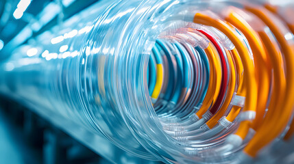 An array of snow-colored wires entering a clear plastic conduit tube.
