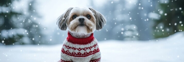 Poster - A playful dog dressed in a cozy winter sweater sits in front of a beautiful snowy landscape, creating a charming seasonal vibe. Generative AI