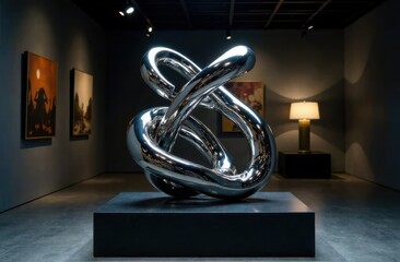 Poster - Abstract chrome sculpture with twisted and fluid forms, placed on a black pedestal under dramatic lighting in a dim gallery setting