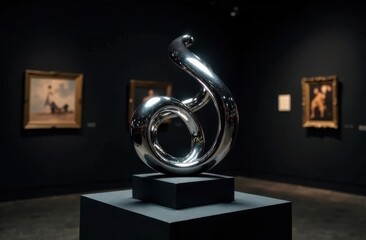 Aufkleber - Abstract chrome sculpture with fluid forms on a black pedestal.
