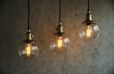 Aufkleber - Hanging chrome light fixtures with spherical shapes, suspended in front of a textured concrete wall, reflecting warm golden tones
