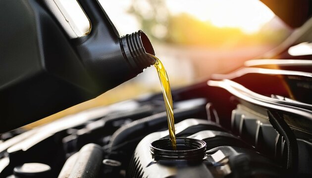pouring motor oil lubricant from black bottle onto car engine background auto repair service concept