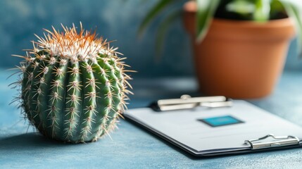 Wall Mural - Bright Cactus on Desk Next to Clipboard with Plant in Background