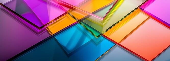 a vibrant abstract pattern of overlapping thick sheets of clear colored plexiglass. this image is su