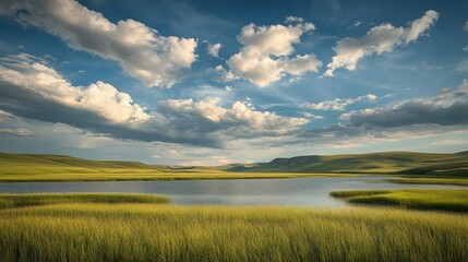 Wall Mural - A panoramic scene of a calm rice paddy showing a dramatic sky with a mix of fluffy white and dark storm clouds.