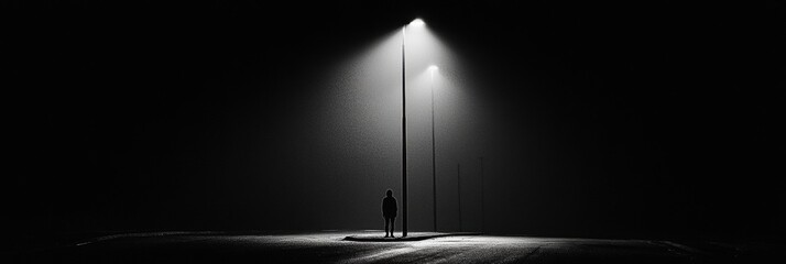 Aufkleber - A lone person stands still on an empty street under glowing streetlights, surrounded by darkness, creating a profound sense of isolation. Generative AI