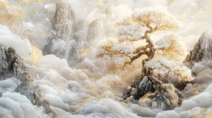 Wall Mural - Golden-embellished stucco molding depicting Chinese and Japanese landscapes, a waterfall, mountains, and sakura, designed in white and gold.