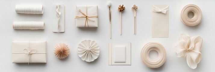 Poster - An elegant arrangement of gift wrapping items including paper, ribbons, and decorative accents, offering space for custom messages. Generative AI