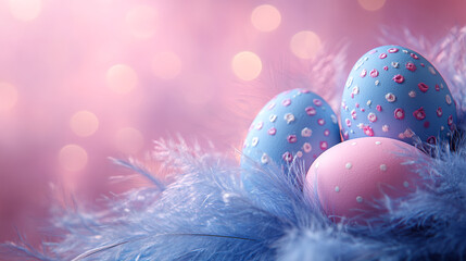 Wall Mural - Vibrant Easter Eggs in Soft Feather Nest With Bokeh Background