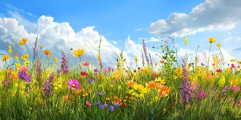 Wall Mural - Lush summer meadow panorama filled with vibrant wildflowers