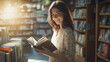 © Nova Zigres - Sideway portrait of a smiling young woman inside a bookstore looking at camera, a light illuminates her and the book she has chosen with a sunflare