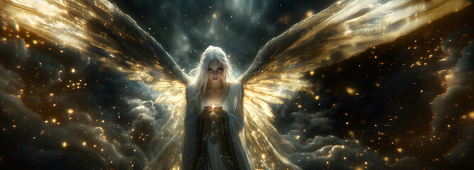 Wall Mural - Beautiful elfish female angel, mysterious background. Dreamy romantic atmosphere, faith and hope concept. Decorative angel illustration for cards, poster, wallpapers etc. 