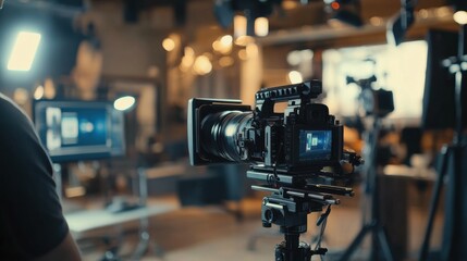 Leinwandbilder - Professionals conduct an on-camera interview in a modern television studio, highlighting advancements in media technologies and creative setups. Generative AI